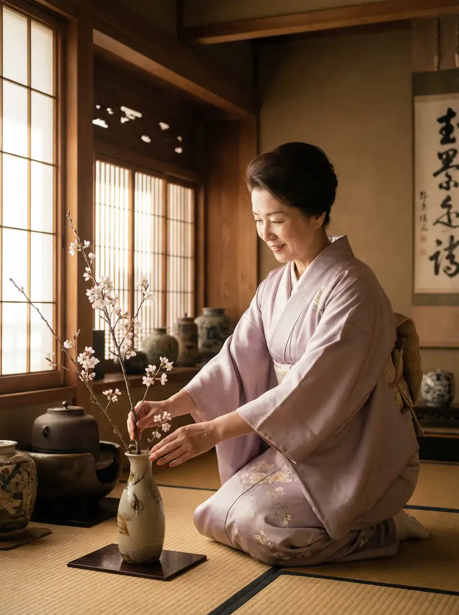 一位优雅的 豆花视频 在和室中插花